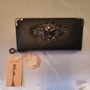 Wallet Skull Wristlet Long Zipper Black